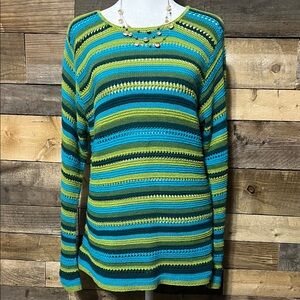 St. John's Bay Green and Blue Striped Crew Neck Sweater